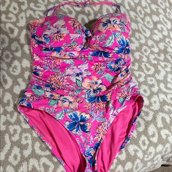 Lilly Pulitzer Pink Floral Halter One-Piece Swimsuit - Picture 2 of 12